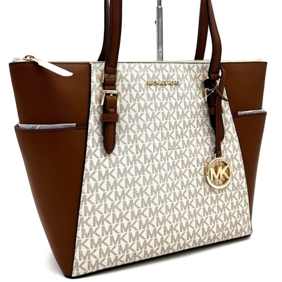 Michael Kors Large Charlotte Tote Bag Luggage Leather Vanilla - Picture 1 of 12